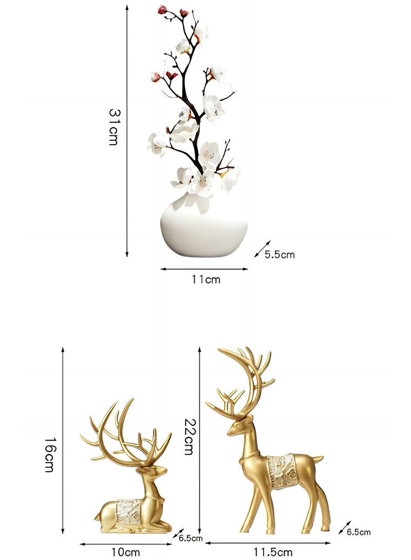 تحف منزلية فاخرة – طقم مجسم غزال ذهبي مع مزهرية سيراميك بزهور صناعية، تحفة ديكور راقية لغرفة النوم، المطبخ، المكتب أو غرفة المعيشة - Image 3